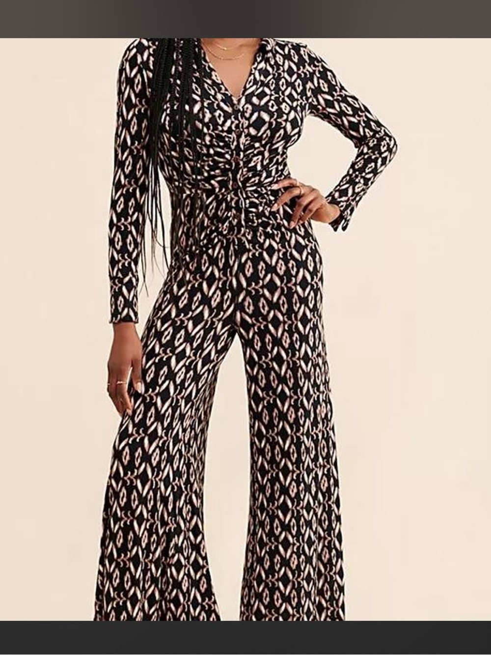 Free People Shayla jumpsuit a retro-inspired brown and black diamond pattern